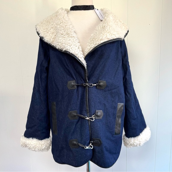 New WeWoreWhat Oversized Denim Sherpa Coat Jacket S NWT Fluffy Cozy Winter Faux - Picture 2 of 9